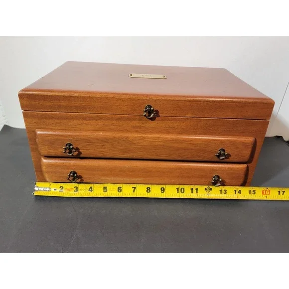 Vintage Wooden Jewelry Box Chest Organizer Yellow Felt Lined 2 Drawer Open Top - Picture 14 of 16